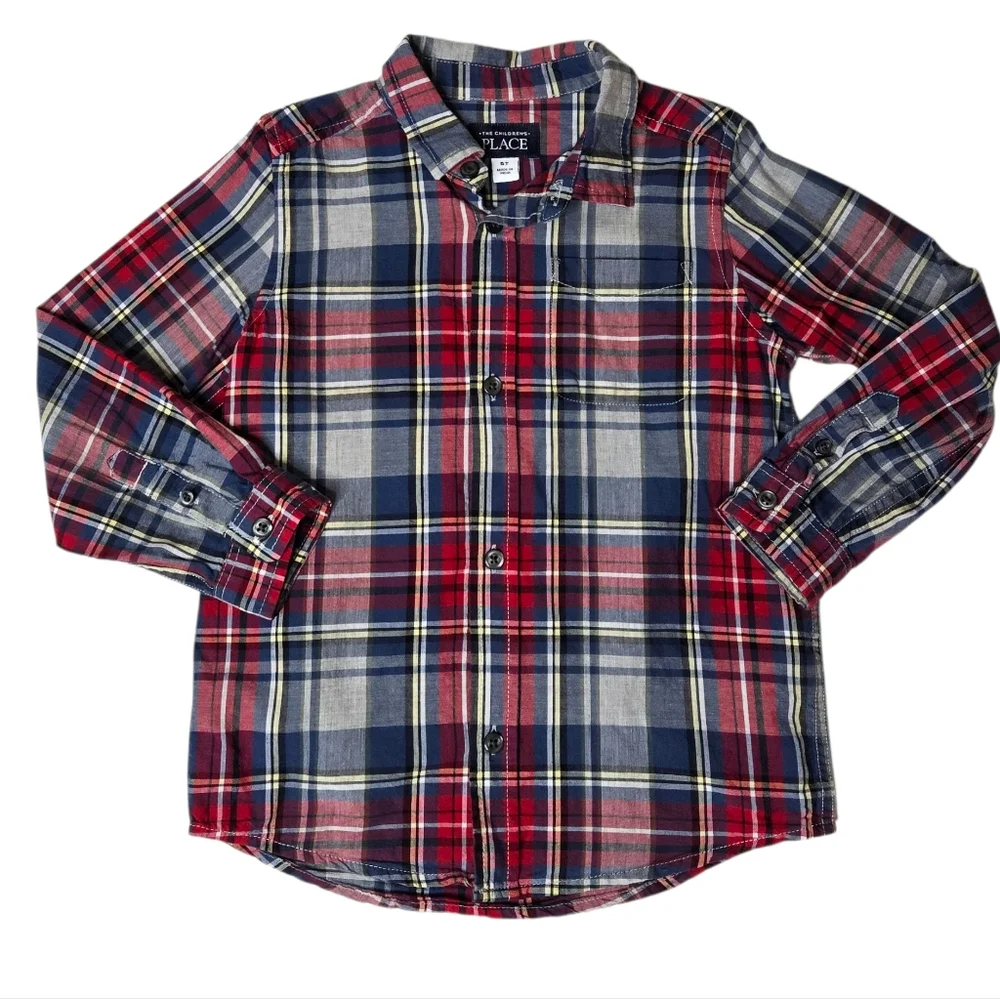 The Children's Place Red And Blue Plaid Casual Button Down Shirt 5T